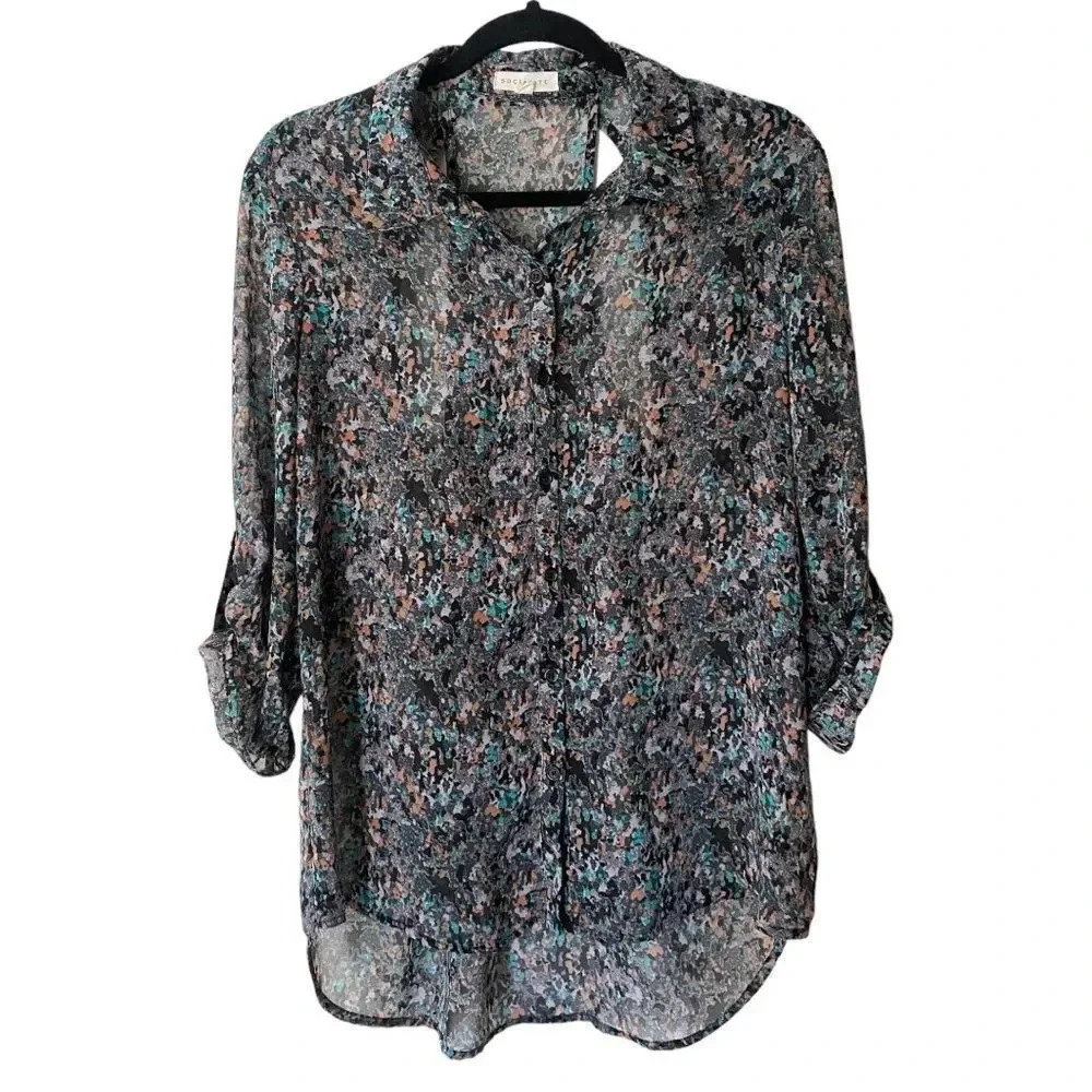 Socialite Button Down Cuff Sleeve 3/4 Sleeve Multicolor Print Open Back Blouse L - Picture 2 of 16